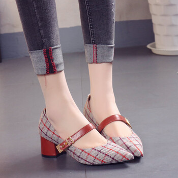 【精选好货 京东】女鞋中跟单鞋女粗跟高跟鞋春夏新款格纹一字扣浅口