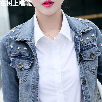 在树上唱歌优质2015秋装新款女装时尚休闲牛仔短外套长袖大码修身显瘦短款牛仔上衣055 牛仔色 XXL建议120斤左右