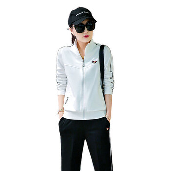 运动套装女春秋长袖高领拉链卫衣休闲服 白色 m