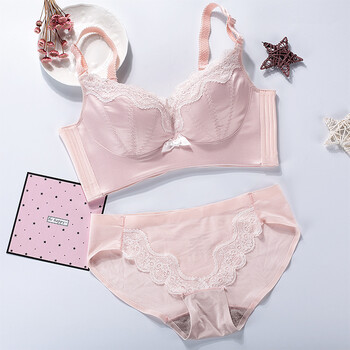 内衣女无痕聚拢性感蕾丝无钢圈女胸罩小胸舒适厚薄款少女文胸套装 浅