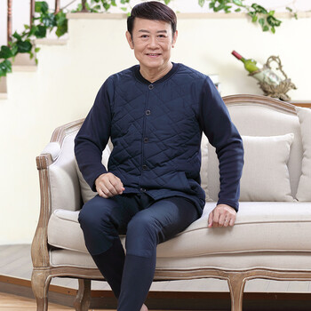 加绒女士开襟大码秋冬季套装爸爸老人开衫 男藏青(升版全身超柔绒) l