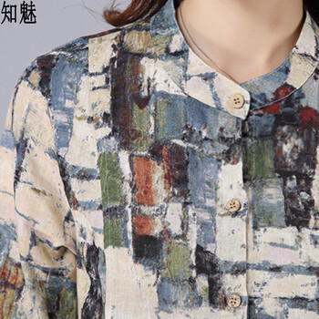 知魅2015新款秋冬女装文艺风中长款修身长袖棉麻衬衫复古印花立领衬衣女8014 蓝色 XL