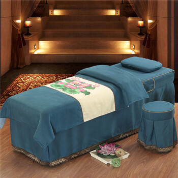 新款美容院床罩欧式美体spa按摩床床罩四件套 爱荷 深蓝 190-80圆头需
