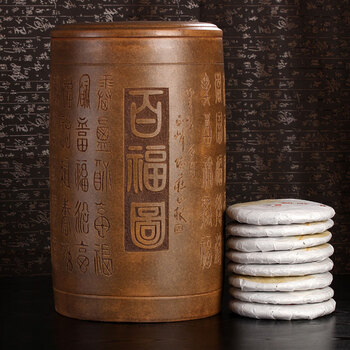 
                                        谱茗 紫砂茶叶罐 大茶罐 紫砂罐 普洱茶叶缸 直筒罐30饼装 百福图 古铜泥百福图中号直筒                