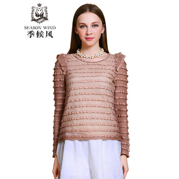 季候风春季新品通勤时尚OL蕾丝条纹拼接修身打底女装套头 衬衫D8110CA4183. 灰粉PK4 M/160