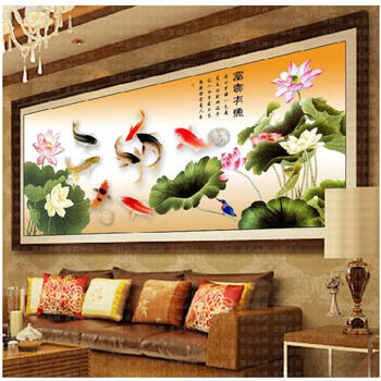 
                                        皇家至尊蒙娜丽莎十字绣客厅新款大幅沙发背景墙画精准印花富贵有余系列中国风荷花3D系列立体 3D丝线富贵有余195*90.                