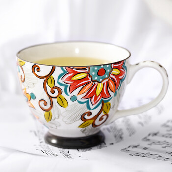 佳佰 美式花纹陶瓷高脚杯手绘马克杯早餐杯咖啡杯办公室水杯陶瓷杯子