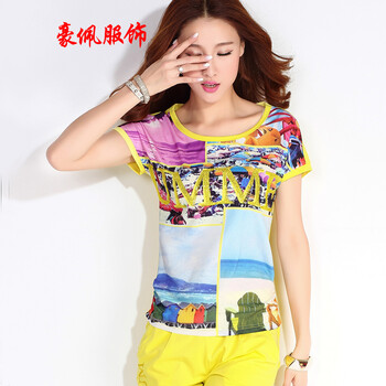 豪佩服饰 休闲套装 2015新款运动套装女雪纺圆领时尚休闲服短袖T恤七分裤潮 彩兰 S