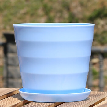 环保型塑料加厚仿陶瓷彩色树脂圆形创意多肉小花盆大号送托盘 蓝色 特