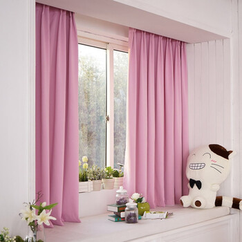 粉色纯色全遮光客厅飘窗卧室窗帘成品简约现代短帘小窗帘布料 粉色