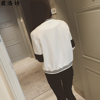 蓝洛诗2015秋装韩版女装黑白撞色长袖休闲运动外套 白色 均码