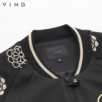 
                                        VING春装新款高端女装刺绣棒球服时尚运动衫修身短款外套夹克9531411011 黑色 XL                
