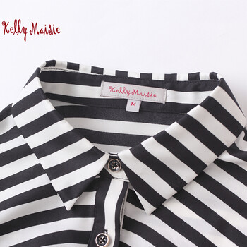 kellymaisie2015新款欧美女装职业白领气质修身显瘦条纹女士长袖衬衫OL雪纺衬衣 黑白色 L