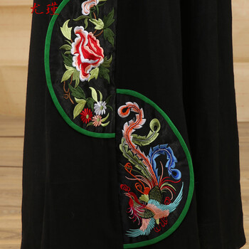 尤瑾 民族风女装纯色百搭长裙文艺大摆裙棉麻中国风绣花半身裙 黑色 均码