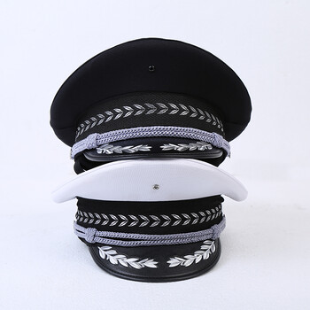 新式保安帽子男款黑色白色大檐帽保安配件带麦穗大盖帽演出帽 白色 58