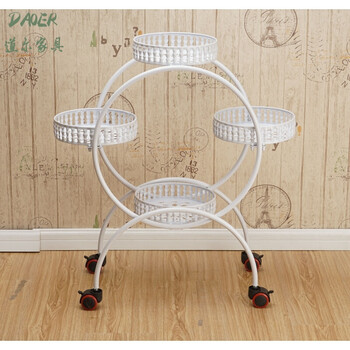 多层带轮铁艺花架欧式落地式客厅移动绿萝架简易田园组装 白色豪华版