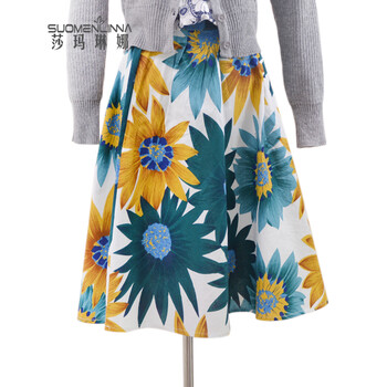 SMLN2015秋冬新半身裙秋冬花卉中长裙百褶裙499013 白底黄花 均码