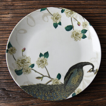 光迅 孔雀花鸟盘子西式陶瓷餐具家用圆形创意平盘西餐盘菜盘田园装饰