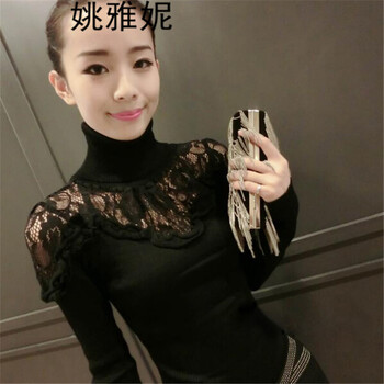
                                        姚雅妮新款时尚韩版百搭蕾丝高领毛衣针织衫女装修身性感长袖拼接打底衫T恤 黑色 均码                