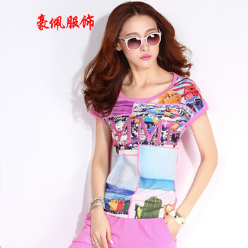 豪佩服饰 休闲套装 2015新款运动套装女雪纺圆领时尚休闲服短袖T恤七分裤潮 彩兰 S