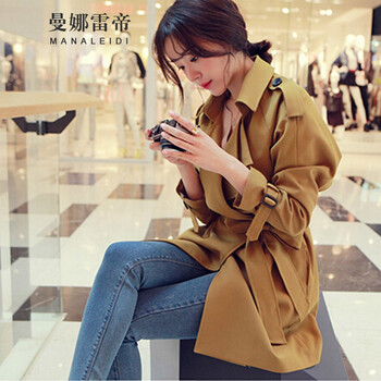 曼娜雷帝 2015新款秋装韩国气质女装韩版翻领中长款女式风衣外套 黄色 S