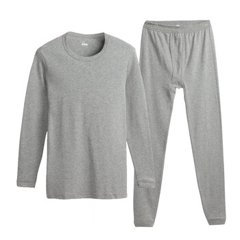纯棉薄款秋衣秋裤棉毛裤全棉保暖内衣男女套装 男浅灰色圆领 l