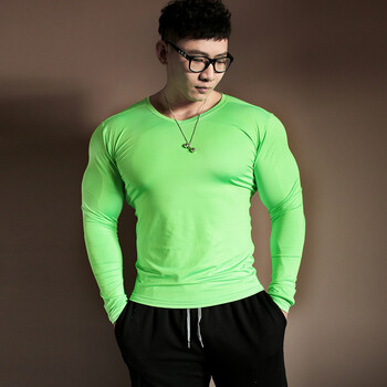 健身长袖t恤男薄款弹性弹力紧身衣吸湿排汗速干跑步服 绿色 l