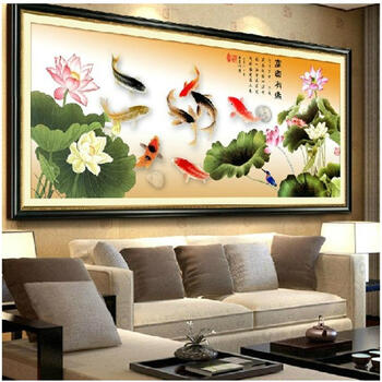 
                                        皇家至尊蒙娜丽莎十字绣客厅新款大幅沙发背景墙画精准印花富贵有余系列中国风荷花3D系列立体 3D丝线富贵有余195*90.                