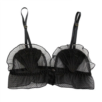 可爱网纱透视无钢圈贝壳前扣文胸性感诱惑小胸蕾丝胸罩内衣女 黑色