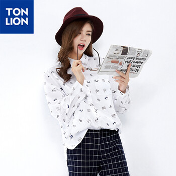 唐狮（TonLion）2015秋 女满地印花宽松型长袖衬衫 6EK321015415 本白 L