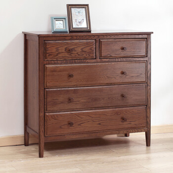 白橡木宽五斗柜实木收纳柜美式五斗橱胡桃色简约储物卧室家具 胡桃色