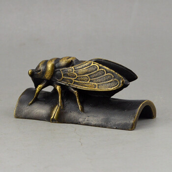 纯铜知了仿古青铜器工艺品纯黄铜蝉铜镇尺铜镇纸书房摆件一鸣惊人