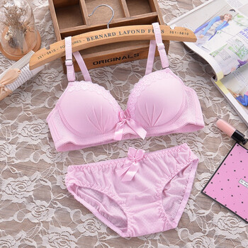 少女文胸无钢圈发育期纯棉学生内衣纯棉厚薄款文胸罩套装 802粉色套装