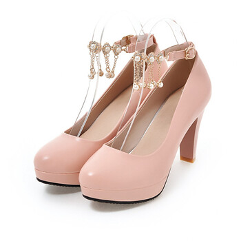 夏季浅口单鞋女高跟圆头四季鞋珍珠百搭软皮女鞋一字扣玛丽珍鞋 粉色