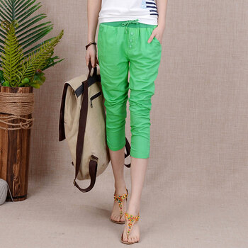 芮丽娅2014新款糖果色亚麻休闲七分哈伦裤女夏款薄显瘦系带松紧腰韩版