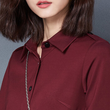 言吾女装2015秋装新款中长款连衣裙 通勤OL衬衫式纯色单排扣裙装 酒红色 M