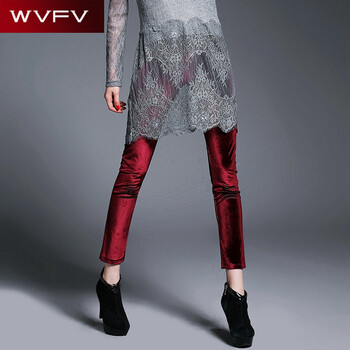 WVFV 2015秋装新款欧美修身显瘦金丝绒红色打底裤百搭小脚裤 K6059 红色 6 L