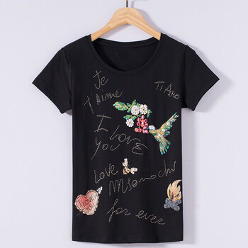 棉质镶砖订珠圆领t恤纯棉短袖手工刺绣图案打底衫女上衣 【黑色 字母