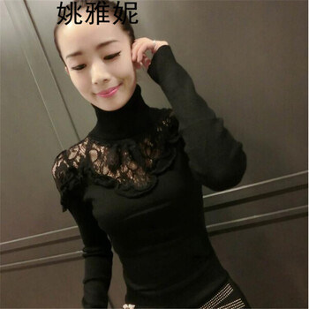 
                                        姚雅妮新款时尚韩版百搭蕾丝高领毛衣针织衫女装修身性感长袖拼接打底衫T恤 黑色 均码                