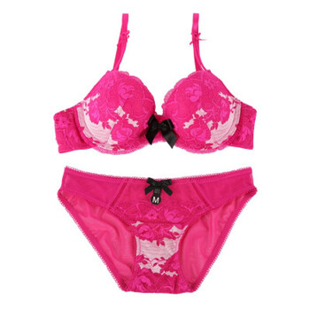 时尚文胸套装 有钢圈聚拢性感蕾丝蝴蝶结女性内衣胸罩 玫红 75c