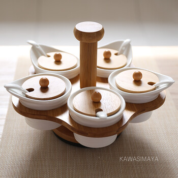 川岛屋 北村穗 竹制陶瓷日式旋转调味罐调味瓶厨房用品五件套