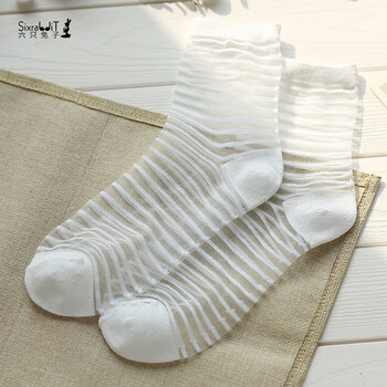 玻璃丝中筒透明透气可爱学院风韩版日系女袜子lbb 白色横条 均码