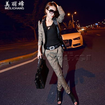 美丽嫦2015秋新款女款格子拼接运动服休闲套装韩版时尚 图片色 XL