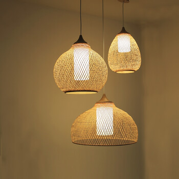 中式创意竹编复式楼梯间吊灯个性挑高客厅餐厅灯三头民宿禅意灯具 三