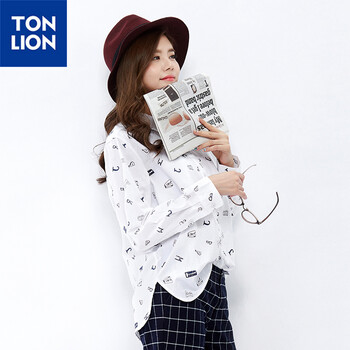 唐狮（TonLion）2015秋 女满地印花宽松型长袖衬衫 6EK321015415 本白 L