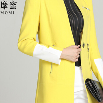 摩蜜2015秋装新款韩版女装中长款简约时尚薄款西装外套女XXZ11 黄色 M