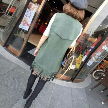甸影2015秋季新款女装 洋气麂皮绒百搭中长款流苏马夹外套 浅棕色 M