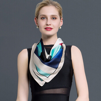 品牌丝巾女士方巾经典几何图案缎面小领巾sj111314 蓝白拼色