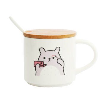 a简约卡通马克杯 带盖勺杯子 陶瓷大容量可爱韩版水杯陶瓷杯咖啡杯