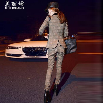 美丽嫦2015秋新款女款格子拼接运动服休闲套装韩版时尚 图片色 XL